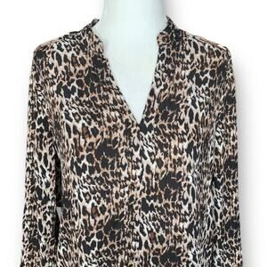NY Collection Petite Top Tan Black Leopard Animal Print Long Sleeve Vneck